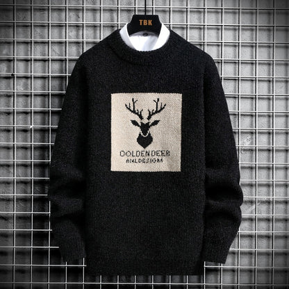 2025 Vintage Sweaters Oversized Mens Knitted Sweater Men Deer Print Pullover Hip Hop Harajuku White Padded Velvet Sweater