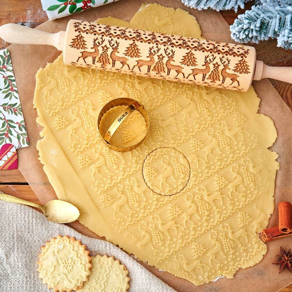 Printed Rolling Pin Rock Snowflake Elk Wooden Rolling Embossing Baking Cookies Biscuit Fondant Cake Patterned Roller 35*5cm