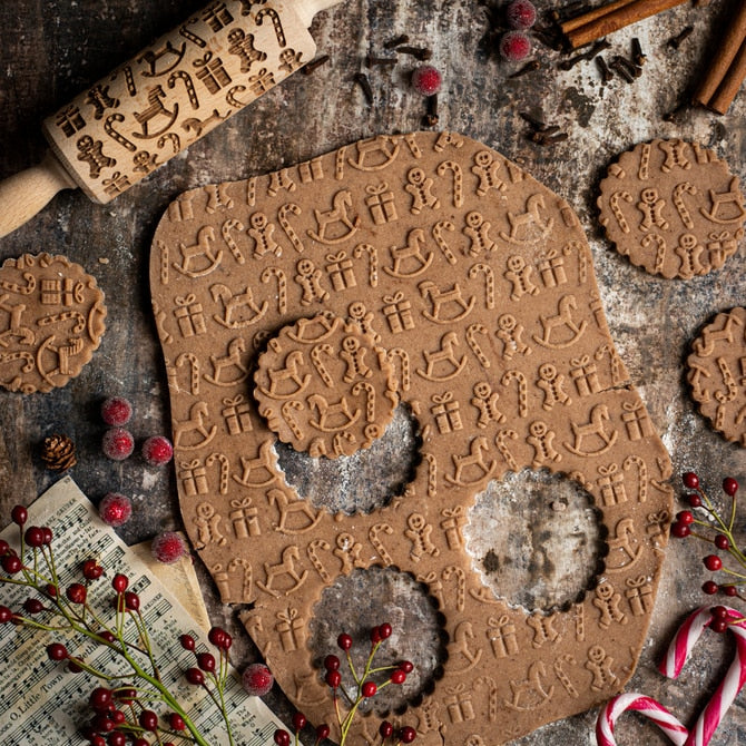 Printed Rolling Pin Rock Snowflake Elk Wooden Rolling Embossing Baking Cookies Biscuit Fondant Cake Patterned Roller 35*5cm
