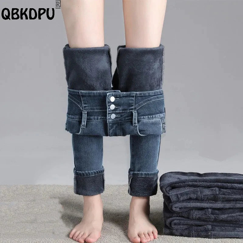 Streetwear High Waist Plush Lined Jeans Winter Thicken Slim Denim Pants Women's Skinny Pencil Vaqueros Vintage Leggings Trousers