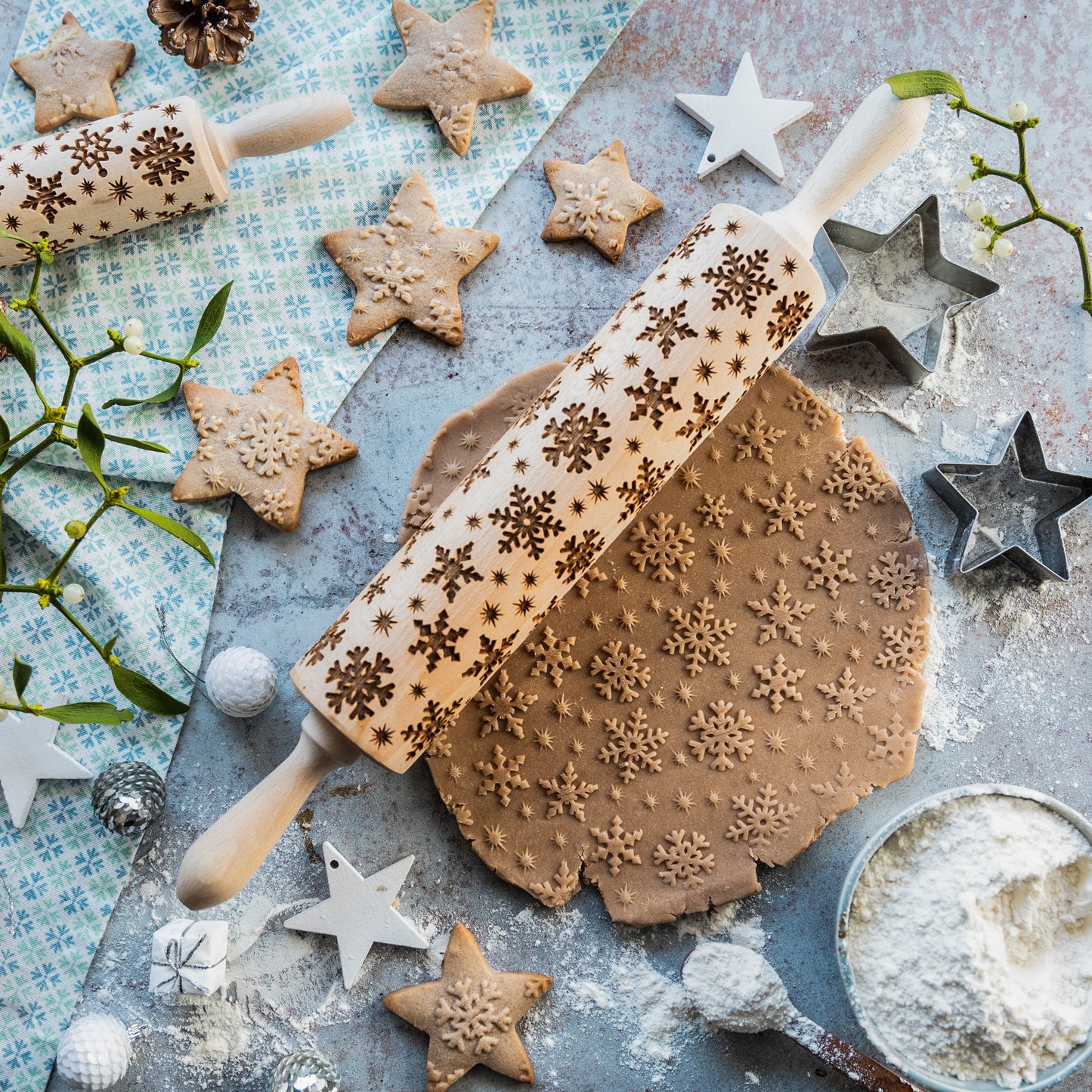 Printed Rolling Pin Rock Snowflake Elk Wooden Rolling Embossing Baking Cookies Biscuit Fondant Cake Patterned Roller 35*5cm