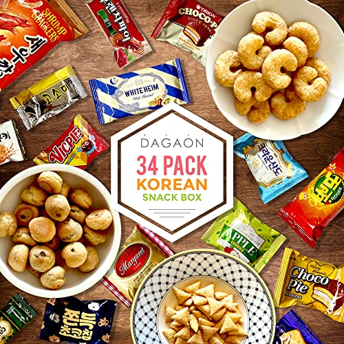 DAGAON Finest [Korean Variety Snack] Box 34 Count – Including [Korean]’s Favorite Chips, Biscuits, Cookies, Pies, Candies. Perfect appetizing for any occasions, gifts and everyone.