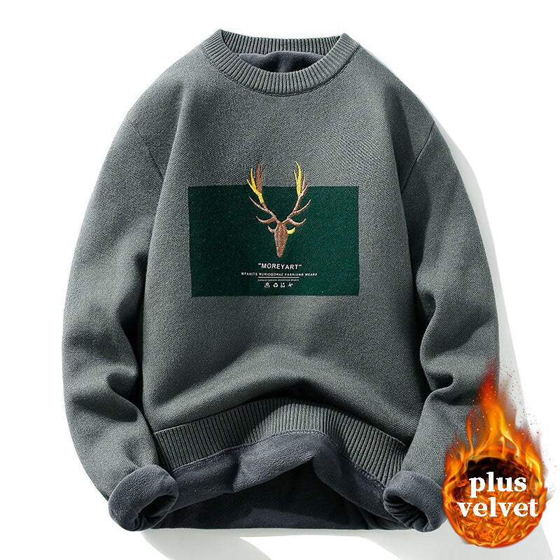 2025 Vintage Sweaters Oversized Mens Knitted Sweater Men Deer Print Pullover Hip Hop Harajuku White Padded Velvet Sweater