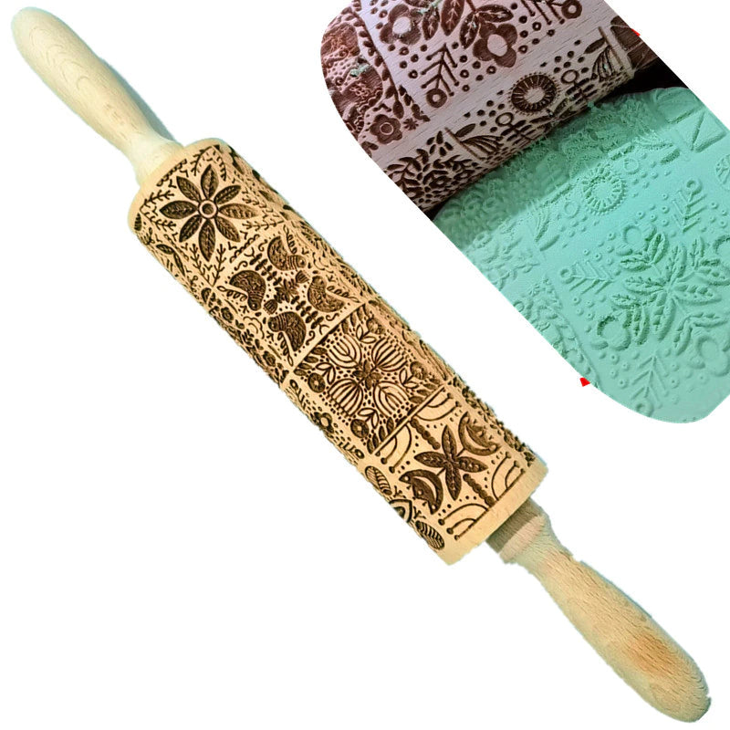 Printed Rolling Pin Rock Snowflake Elk Wooden Rolling Embossing Baking Cookies Biscuit Fondant Cake Patterned Roller 35*5cm