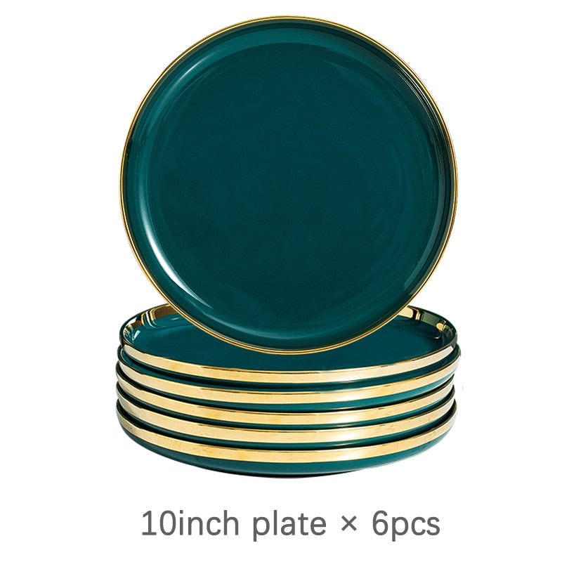 Ceramic Dinner Plates Dinnerware Set Dishes Luxury Green Food Dessert Plate Salad Soup Bowl Tableware Set for Restaurant Hotel