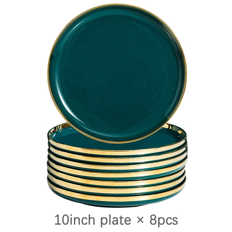 Ceramic Dinner Plates Dinnerware Set Dishes Luxury Green Food Dessert Plate Salad Soup Bowl Tableware Set for Restaurant Hotel