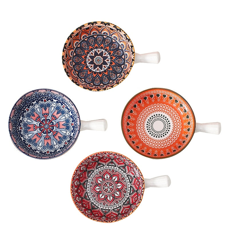 Bohemia Ceramic Salad Bowl With Handle Baking Bowl Cereal Fruit Bowl Solid Color Dessert Soup Noodle Bowl Microwave Oven