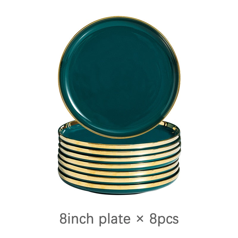 Ceramic Dinner Plates Dinnerware Set Dishes Luxury Green Food Dessert Plate Salad Soup Bowl Tableware Set for Restaurant Hotel