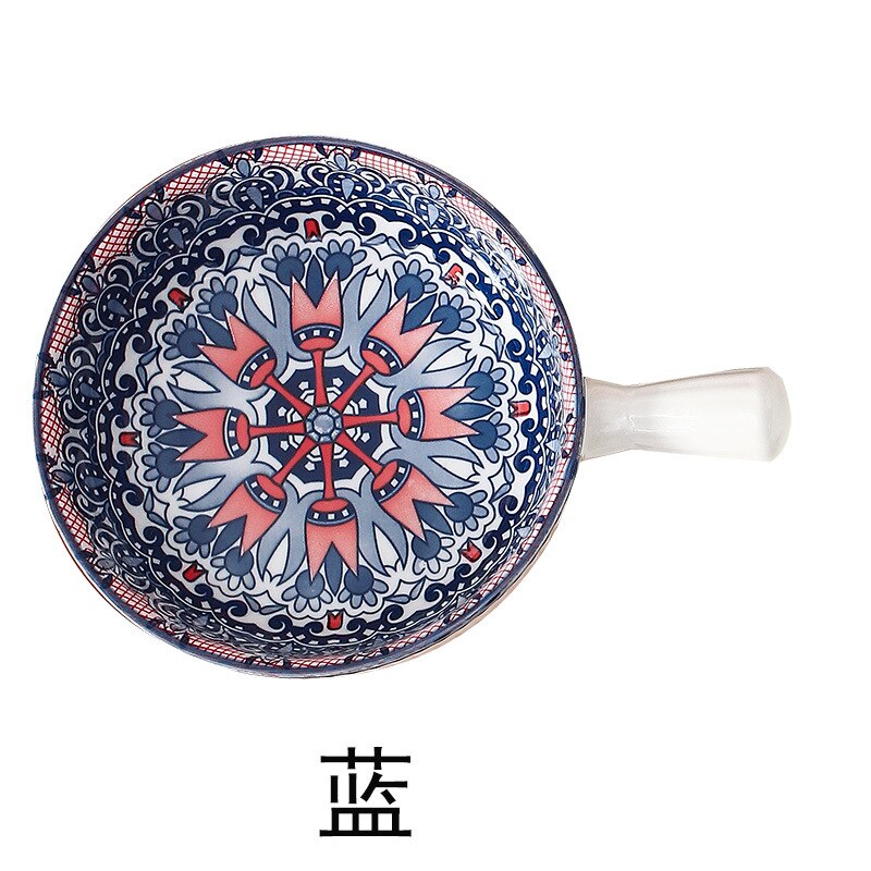 Bohemia Ceramic Salad Bowl With Handle Baking Bowl Cereal Fruit Bowl Solid Color Dessert Soup Noodle Bowl Microwave Oven