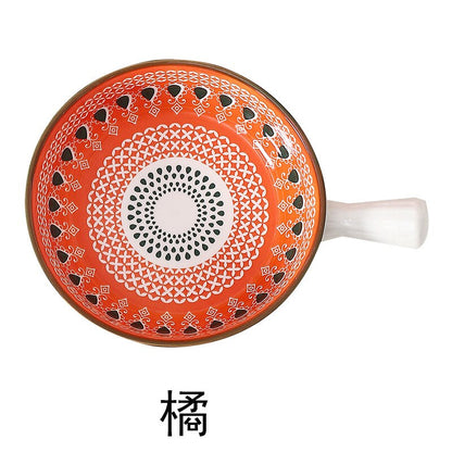 Bohemia Ceramic Salad Bowl With Handle Baking Bowl Cereal Fruit Bowl Solid Color Dessert Soup Noodle Bowl Microwave Oven