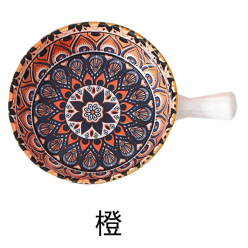 Bohemia Ceramic Salad Bowl With Handle Baking Bowl Cereal Fruit Bowl Solid Color Dessert Soup Noodle Bowl Microwave Oven