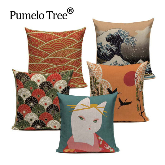 Vintage Decor CushionCovers Japanese Print  Linen Pillowcase Fuji Kimono Girl Sea Decorative Pillow Home Decor Sofa Throw Pillow