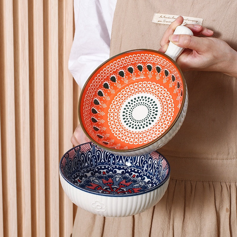 Bohemia Ceramic Salad Bowl With Handle Baking Bowl Cereal Fruit Bowl Solid Color Dessert Soup Noodle Bowl Microwave Oven