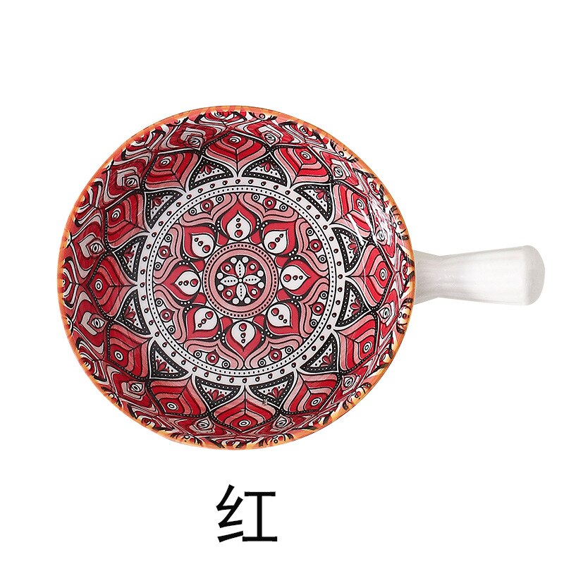 Bohemia Ceramic Salad Bowl With Handle Baking Bowl Cereal Fruit Bowl Solid Color Dessert Soup Noodle Bowl Microwave Oven