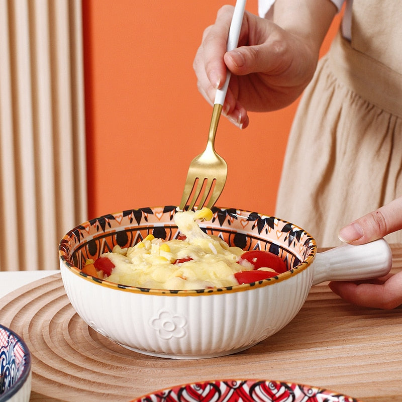 Bohemia Ceramic Salad Bowl With Handle Baking Bowl Cereal Fruit Bowl Solid Color Dessert Soup Noodle Bowl Microwave Oven