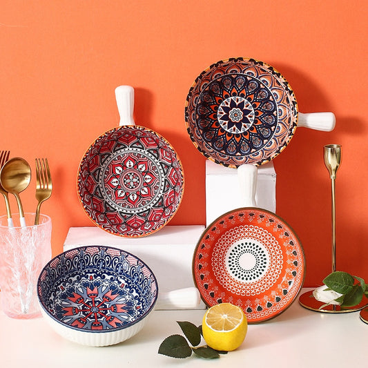 Bohemia Ceramic Salad Bowl With Handle Baking Bowl Cereal Fruit Bowl Solid Color Dessert Soup Noodle Bowl Microwave Oven