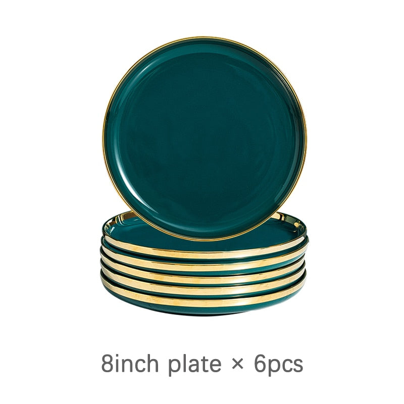 Ceramic Dinner Plates Dinnerware Set Dishes Luxury Green Food Dessert Plate Salad Soup Bowl Tableware Set for Restaurant Hotel