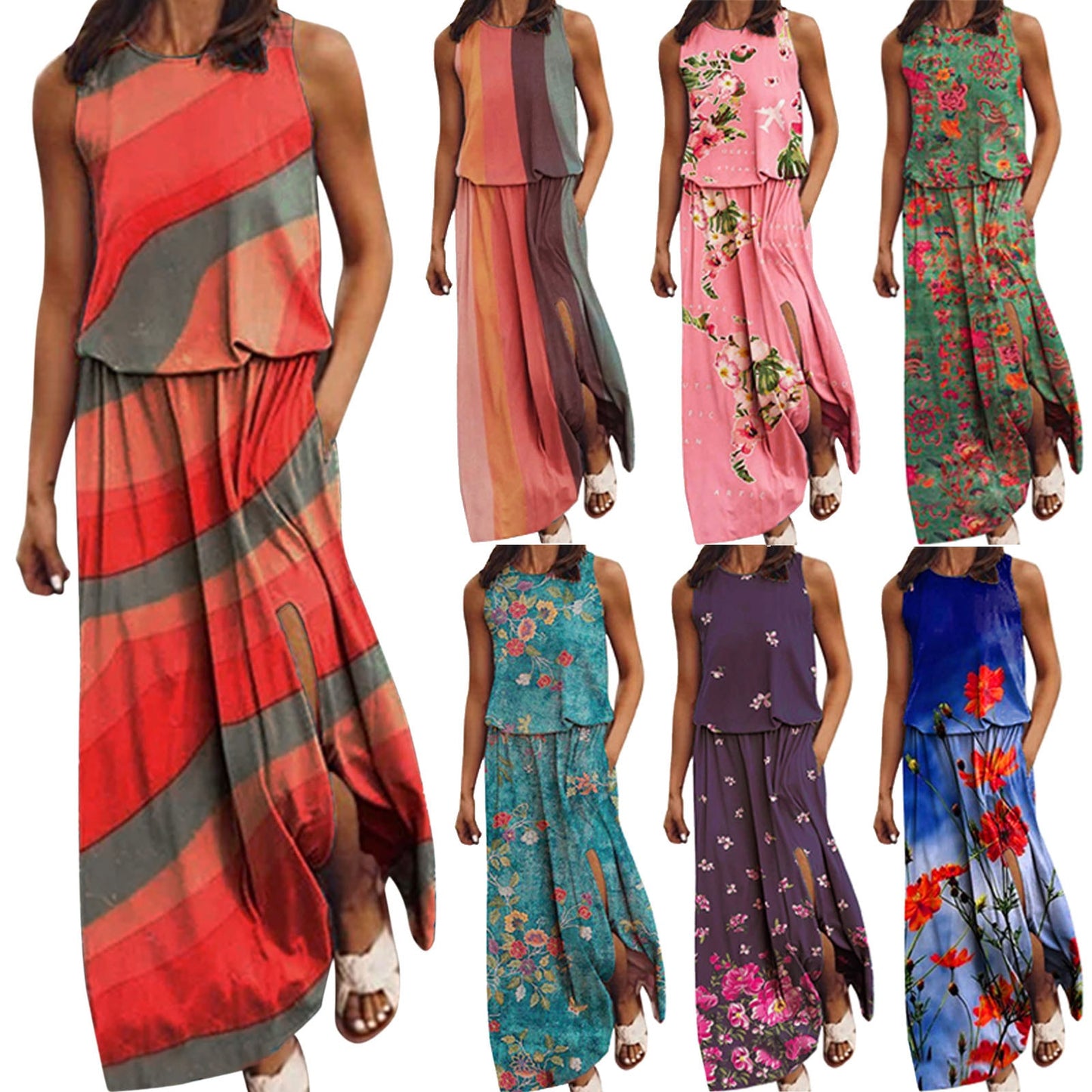 Summer Dresses For Women Holiday Beach O Neck Sleeveless Split Long Dress Boho Beach Sundress With Pockets Vestido Feminino