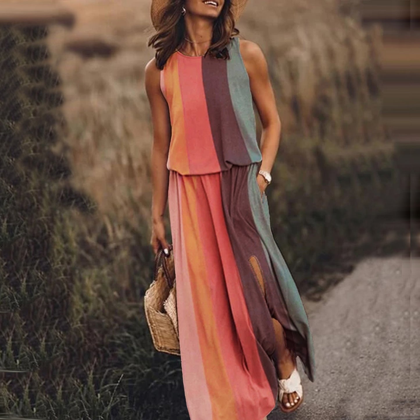 Summer Dresses For Women Holiday Beach O Neck Sleeveless Split Long Dress Boho Beach Sundress With Pockets Vestido Feminino