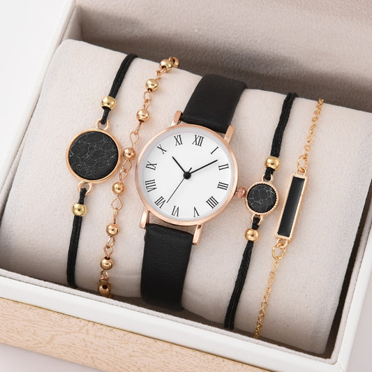 5/2PCS Watch Set For Women Luxury Leather Analog Ladies Quartz Wristwatch Fashion Bracelet Watch 2025 Relogio Feminino New Top