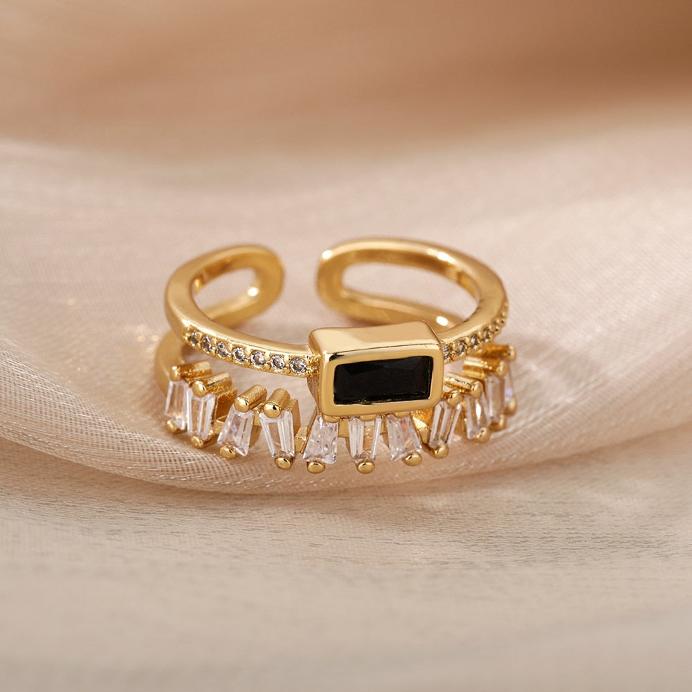 Valentine's Day Double Layer Irregular Zircon Rings For Women Open Stainless Steel Green Crystal Finger Ring Boho Jewelry Valentines Day Gift