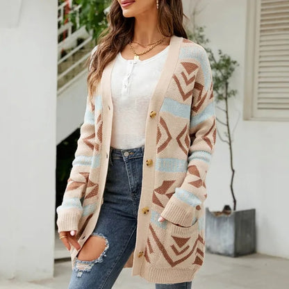 Women Fashion Autumn And Winter Temperament Lozenge Loose Sweater In Long Knit Cardigan Coat Casacos De Inverno Feminino