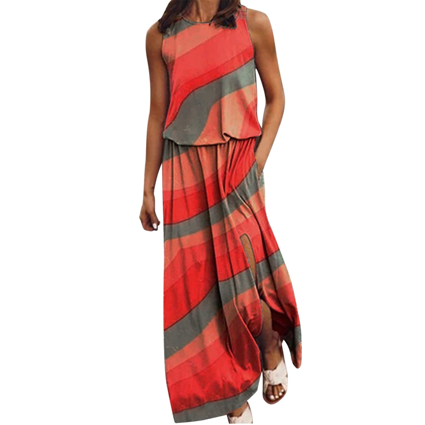 Summer Dresses For Women Holiday Beach O Neck Sleeveless Split Long Dress Boho Beach Sundress With Pockets Vestido Feminino