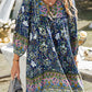 Fashion Beach Boho Vintage Floral Print A-Line Dress Summer Fall Casual Women Long Sleeve Tie Up V Neck Loose Mini Dress