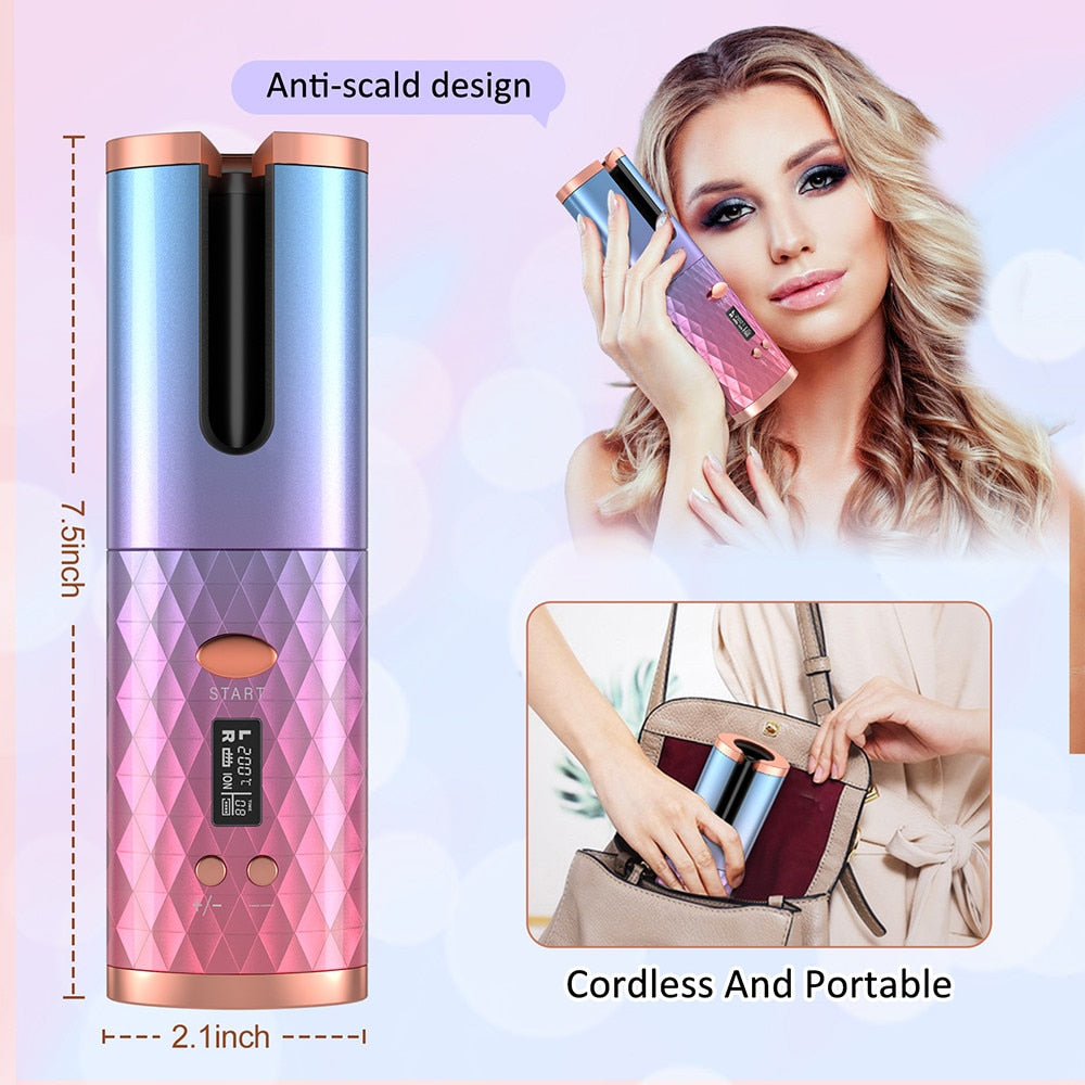 Hair Curler USB Rechargeable Portable Auto Curler LED Display Temperature
