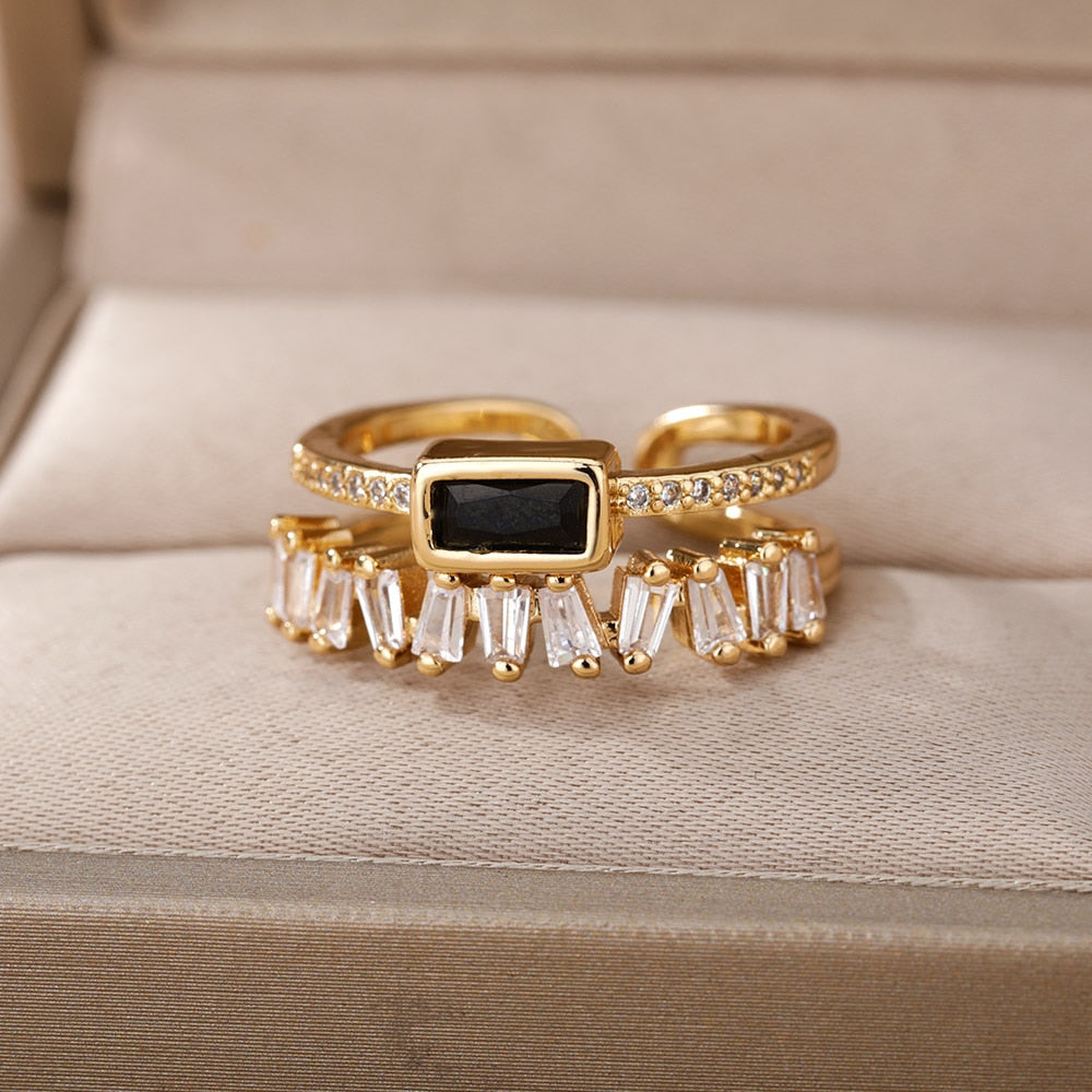 Valentine's Day Double Layer Irregular Zircon Rings For Women Open Stainless Steel Green Crystal Finger Ring Boho Jewelry Valentines Day Gift