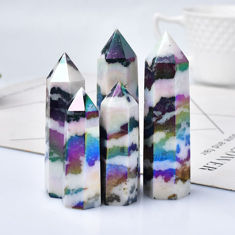 Hot Sale Natural Aura Stone Crystal Point Healing Obelisk Black and White Zebra Quartz Wand Beautiful Ornament for Home Decor Pyramid