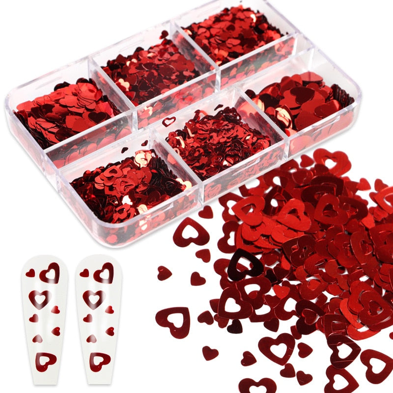 Valentines Day Mixed Love Heart Nail Glitter Red Flake Sequin Powder Decorative Accessories For Professional Nail Art Supplies
