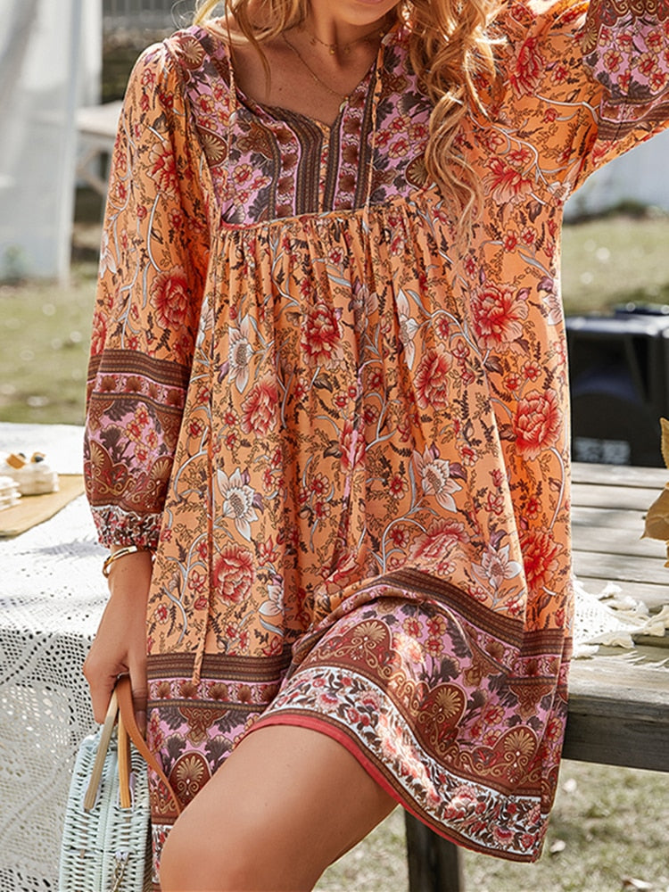 Fashion Beach Boho Vintage Floral Print A-Line Dress Summer Fall Casual Women Long Sleeve Tie Up V Neck Loose Mini Dress