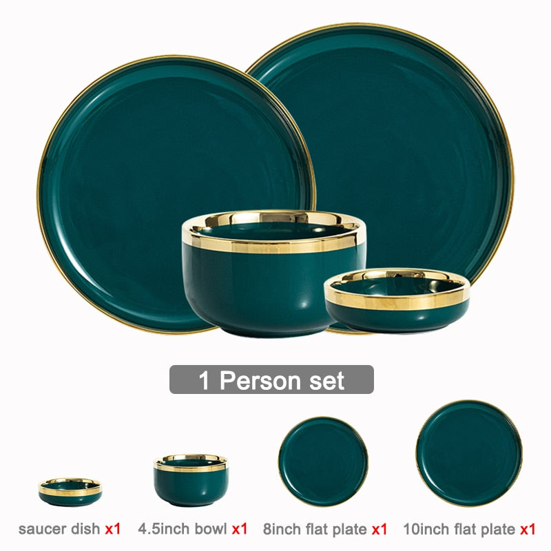 Ceramic Dinner Plates Dinnerware Set Dishes Luxury Green Food Dessert Plate Salad Soup Bowl Tableware Set for Restaurant Hotel