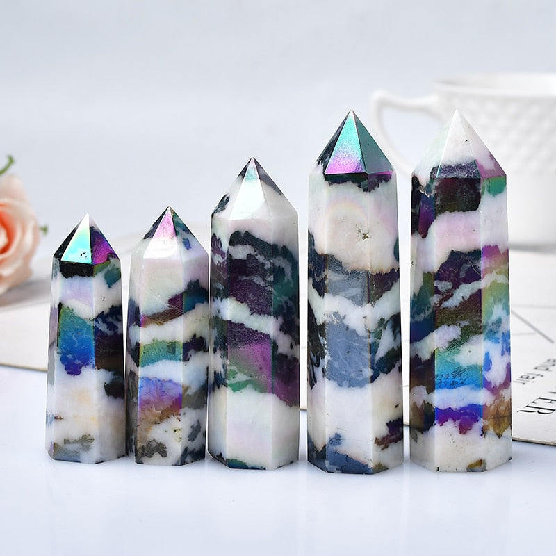 Hot Sale Natural Aura Stone Crystal Point Healing Obelisk Black and White Zebra Quartz Wand Beautiful Ornament for Home Decor Pyramid