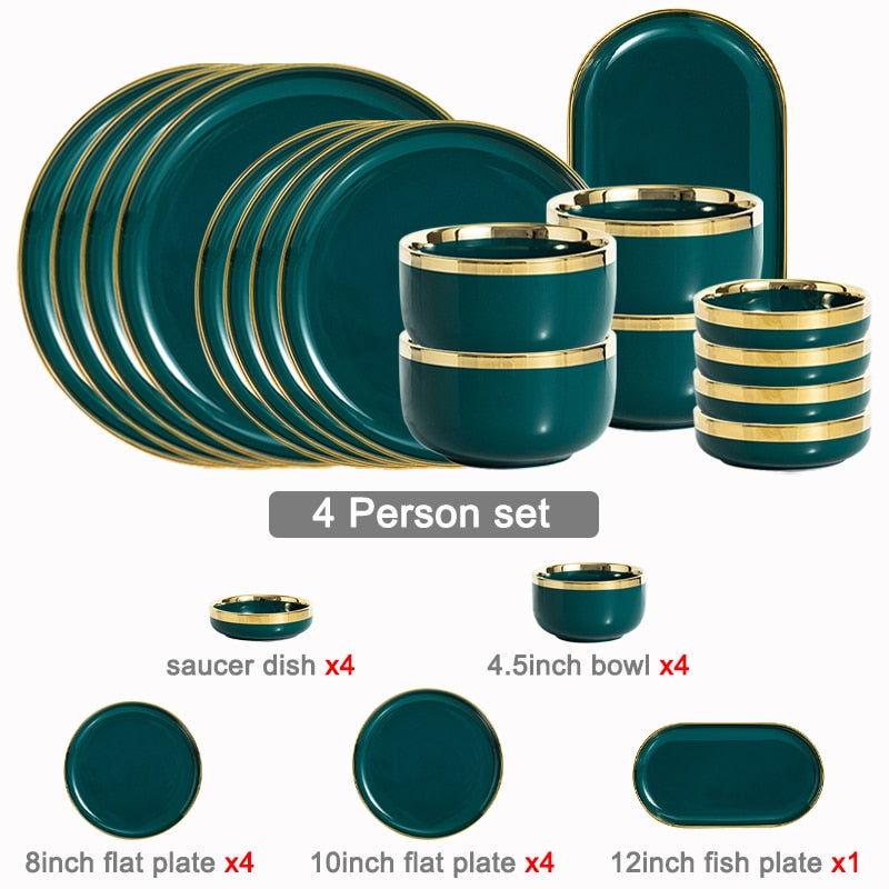 Ceramic Dinner Plates Dinnerware Set Dishes Luxury Green Food Dessert Plate Salad Soup Bowl Tableware Set for Restaurant Hotel
