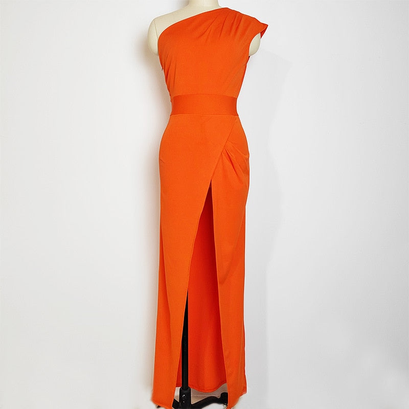 Evening Party Dresses for Women Vestidos Orange High Waist Long Skirt Sleeveless Solid Slanted Shoulder Y2k Womens Formal Dress