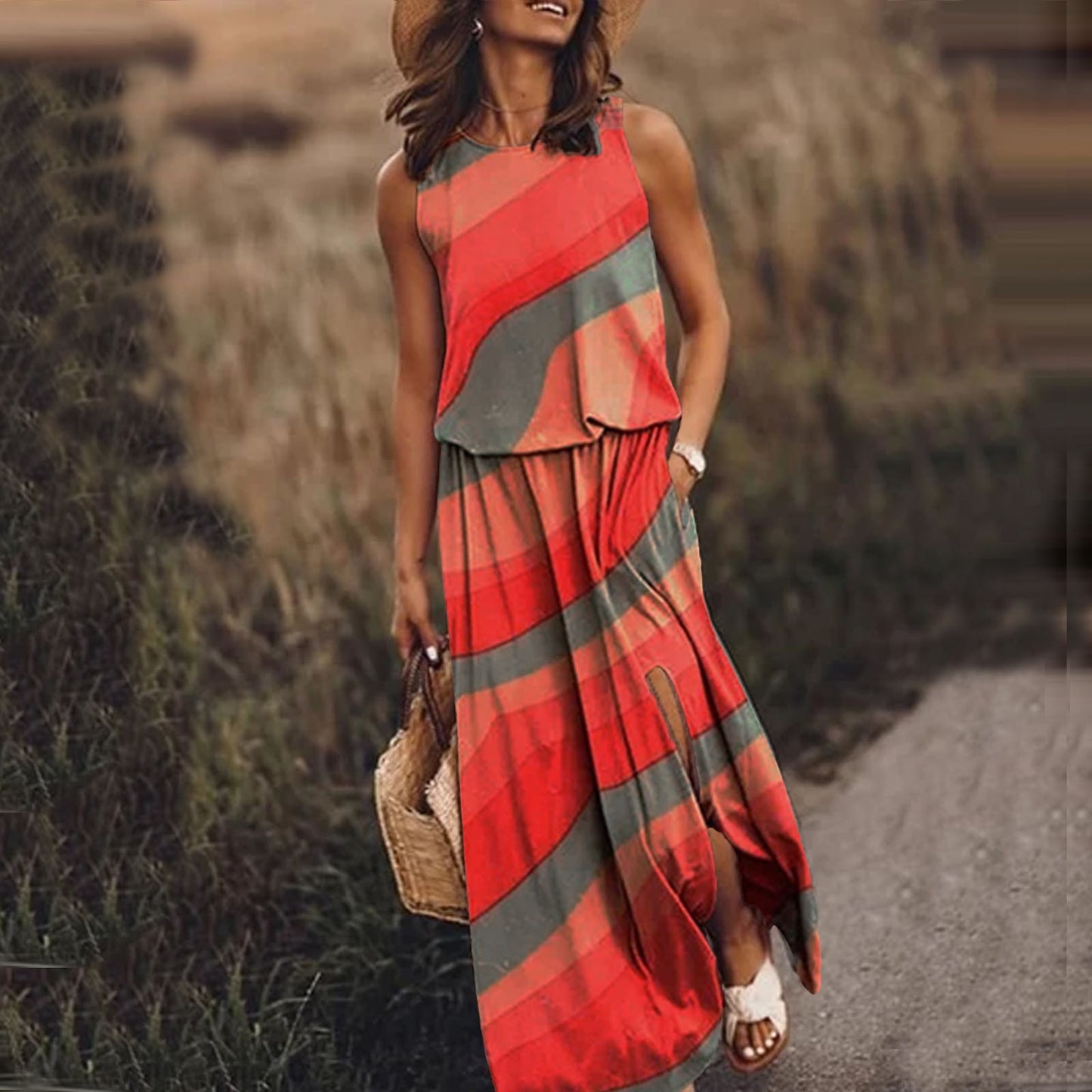 Summer Dresses For Women Holiday Beach O Neck Sleeveless Split Long Dress Boho Beach Sundress With Pockets Vestido Feminino