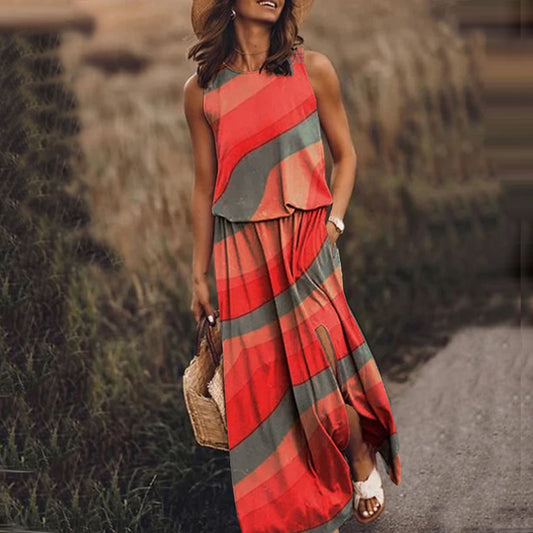 Summer Dresses For Women Holiday Beach O Neck Sleeveless Split Long Dress Boho Beach Sundress With Pockets Vestido Feminino