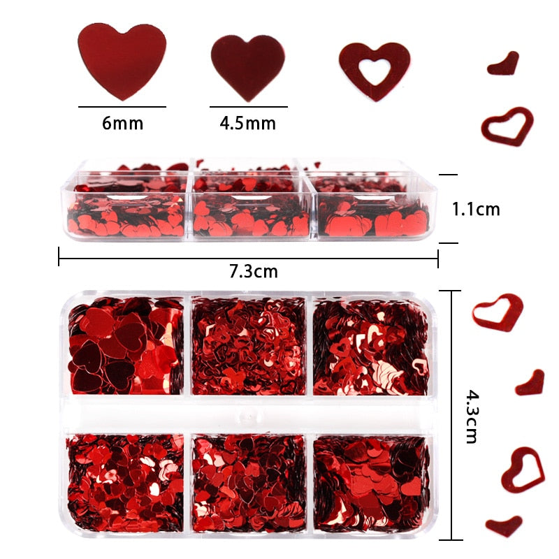 Valentines Day Mixed Love Heart Nail Glitter Red Flake Sequin Powder Decorative Accessories For Professional Nail Art Supplies