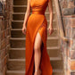 Evening Party Dresses for Women Vestidos Orange High Waist Long Skirt Sleeveless Solid Slanted Shoulder Y2k Womens Formal Dress