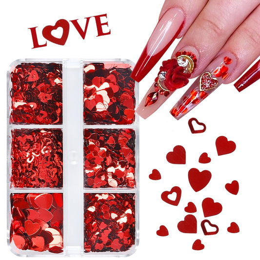 Valentines Day Mixed Love Heart Nail Glitter Red Flake Sequin Powder Decorative Accessories For Professional Nail Art Supplies