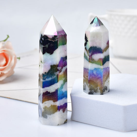 Hot Sale Natural Aura Stone Crystal Point Healing Obelisk Black and White Zebra Quartz Wand Beautiful Ornament for Home Decor Pyramid