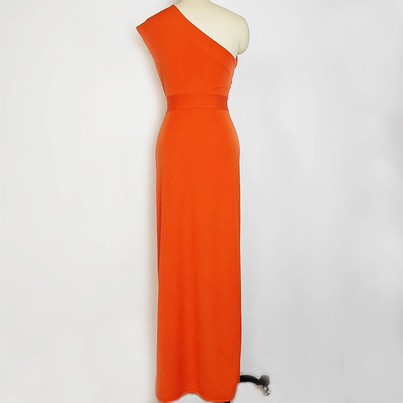 Evening Party Dresses for Women Vestidos Orange High Waist Long Skirt Sleeveless Solid Slanted Shoulder Y2k Womens Formal Dress