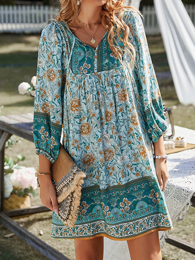 Fashion Beach Boho Vintage Floral Print A-Line Dress Summer Fall Casual Women Long Sleeve Tie Up V Neck Loose Mini Dress