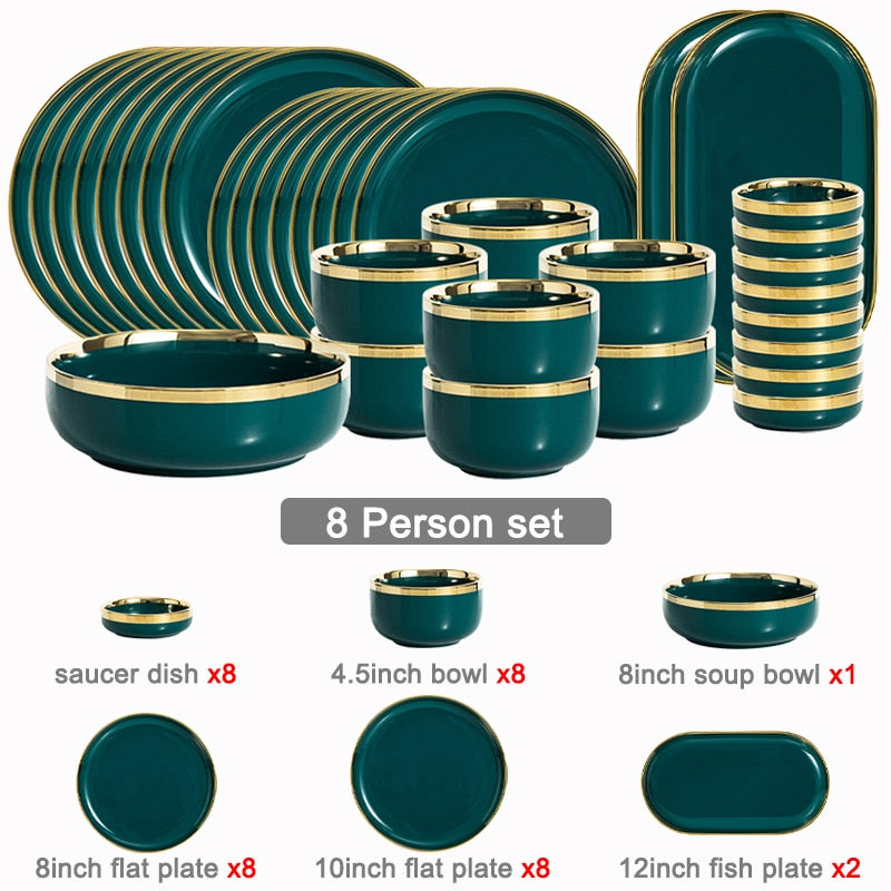 Ceramic Dinner Plates Dinnerware Set Dishes Luxury Green Food Dessert Plate Salad Soup Bowl Tableware Set for Restaurant Hotel