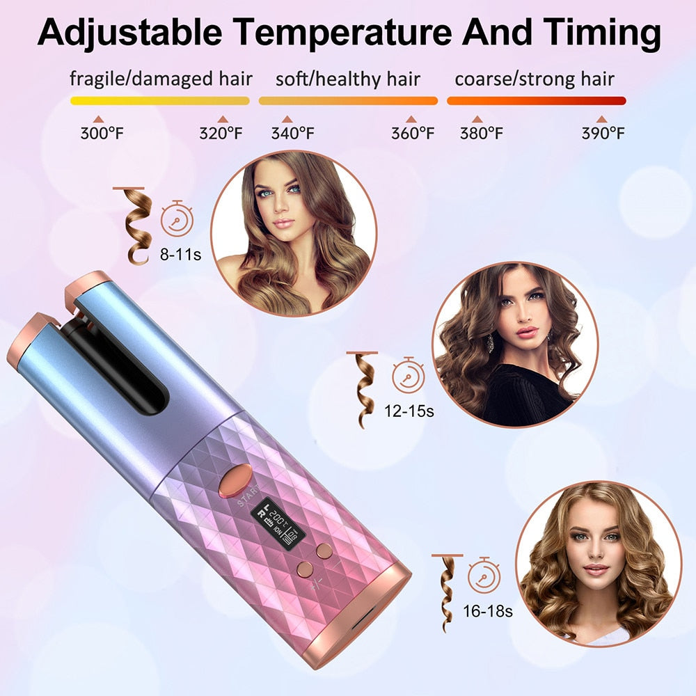 Hair Curler USB Rechargeable Portable Auto Curler LED Display Temperature