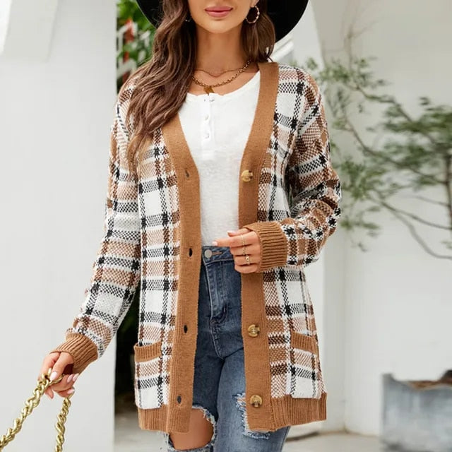 Women Fashion Autumn And Winter Temperament Lozenge Loose Sweater In Long Knit Cardigan Coat Casacos De Inverno Feminino