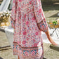 Fashion Beach Boho Vintage Floral Print A-Line Dress Summer Fall Casual Women Long Sleeve Tie Up V Neck Loose Mini Dress