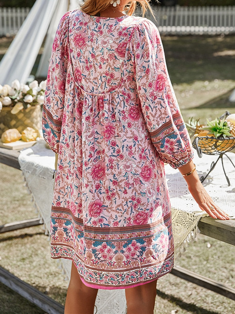 Fashion Beach Boho Vintage Floral Print A-Line Dress Summer Fall Casual Women Long Sleeve Tie Up V Neck Loose Mini Dress